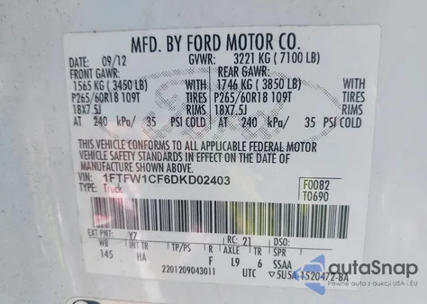 2013 Ford F-150 Lariat из США, поврежденный, VIN 1FTFW1CF6DKD02403